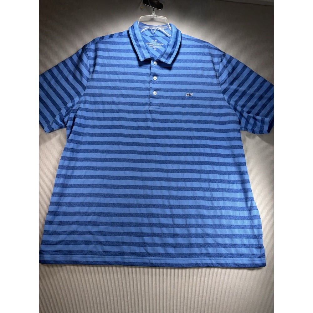 Vineyard Vines Polo Shirt Men's XL‎ Blue Striped Performance Stretch Logo Golf